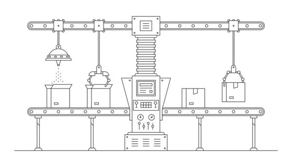 输送机系统 自动化生产线 机器人工业的概念 工业机器 纸板箱输送机自动生产线 — 图库矢量图片
