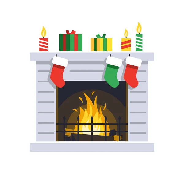 Christmas Fireplace Decoration Fireplace Holiday Decorating Template Flat Style — Stock Vector