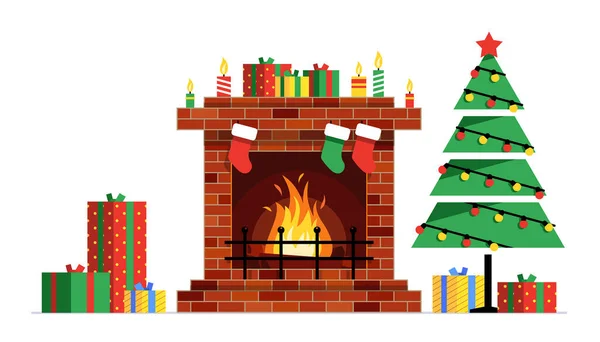クリスマス暖炉 暖炉の装飾 休日の装飾テンプレート フラットスタイル — ストックベクタ