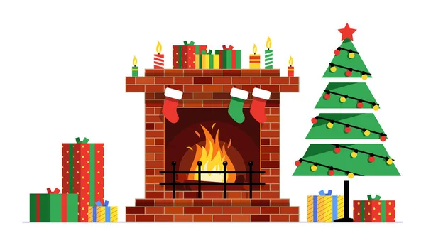 Chimenea Navidad Decoración Con Chimenea Plantilla Decoración Navideña Estilo Plano — Archivo Imágenes Vectoriales