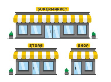 Mağaza ya da dükkan cephesi. Mağaza, mağaza, süpermarket ikonu. Düz stil. beyaz arkaplanda izole