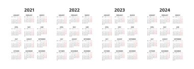Takvim 2021, 2022, 2023, 2024 Beyaz arka planda siyah harfler, Pazar günleri kırmızı işaretli, yıllar yan yana