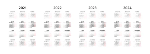 カレンダー2021年 2022年 2023年 2024年 白い背景に黒い文字 太陽が赤 年を並べてマーク — ストックベクタ