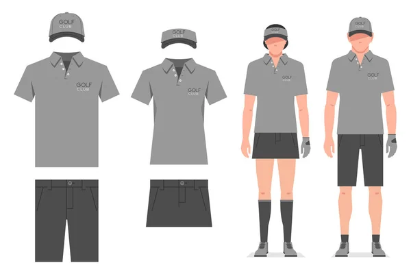 高尔夫服 男式和女式T恤衫的设计模板 帽子和短裤 运动服 — 图库矢量图片