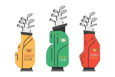 Golf çantalı golf sopası. Golfçü spor aletleri. düz biçim