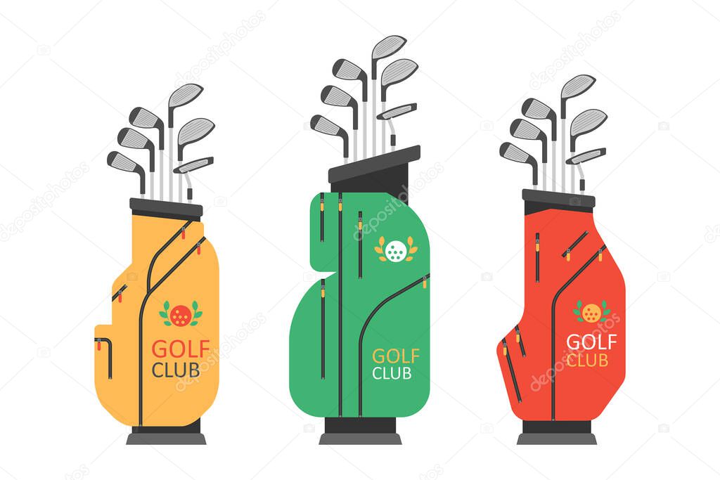 Golf bag with clubs. Golfer sports equipment. flat style