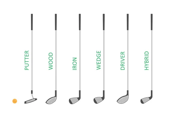 高尔夫俱乐部设置 驱动器 混合高尔夫球杆 高尔夫球运动器材 — 图库矢量图片