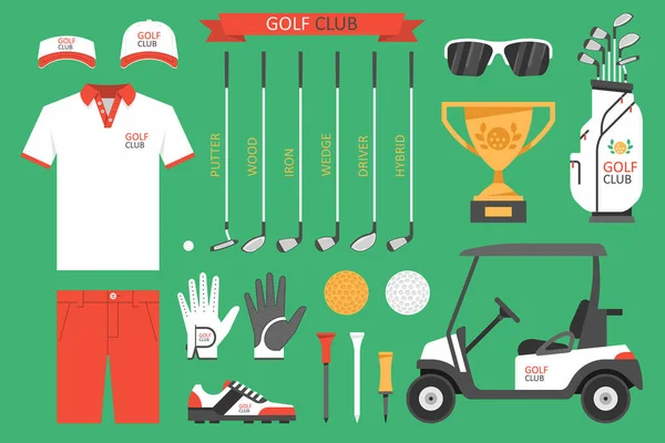 高尔夫俱乐部 高尔夫 高尔夫运动器材 平坦的风格 在绿色背景下隔离 — 图库矢量图片