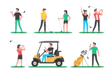 Golf oyuncusu. Golfçü spor aletleri. Düz stil. beyaz arkaplanda izole