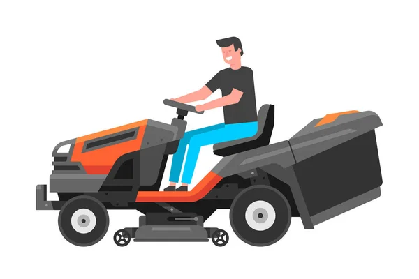 Hombre Conduciendo Una Cortadora Césped Segar Césped Estilo Plano — Vector de stock