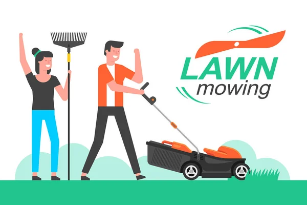 Man Mowing Lawn Mowing Lawn Flat Style — Stock Vector