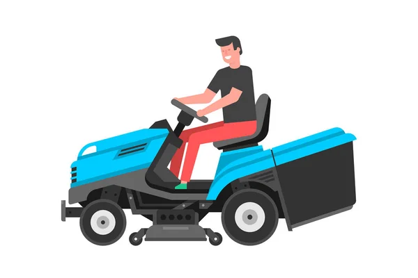 Man Driving Riding Lawn Mower Mowing Lawn Flat Style — Stock Vector