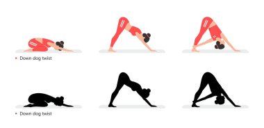 Yoga yapan genç sporcu kadın, Down Dog Twist. Düz stil. Siyah arkaplanda izole 