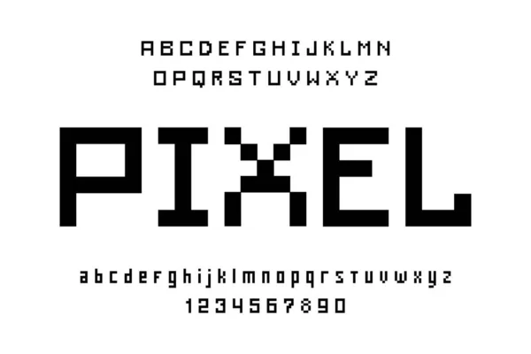 Pixel Font Alfabet Letters Cijfers Vlakke Stijl Geïsoleerd Witte Achtergrond — Stockvector