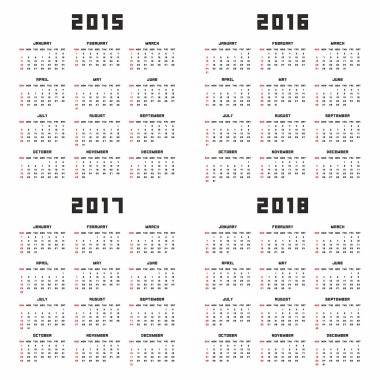 Takvim 2015, 2016, 2017, 2018