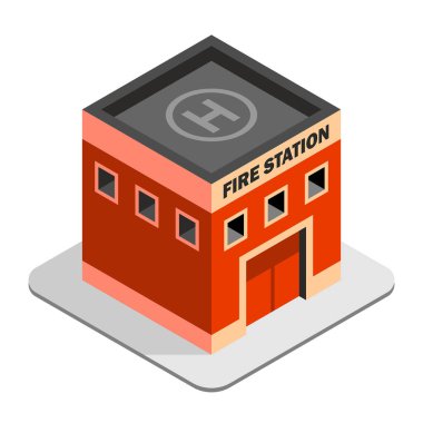 Isometric İtfaiye Merkezi. Basit, temiz bir tasarım. Beyaz arka planda izole edilmiş. Düz biçim