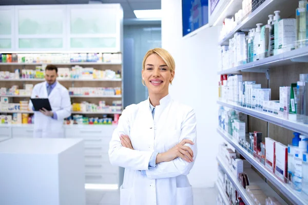 Portrait Smiling Female Blonde Pharmacist Standing Pharmacy Shop Drugstore Her — Stock Photo, Image