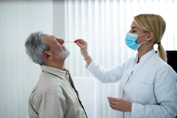 Old Man Getting Pcr Test Doctor Office Corona Virus Epidemic — Stock Photo, Image