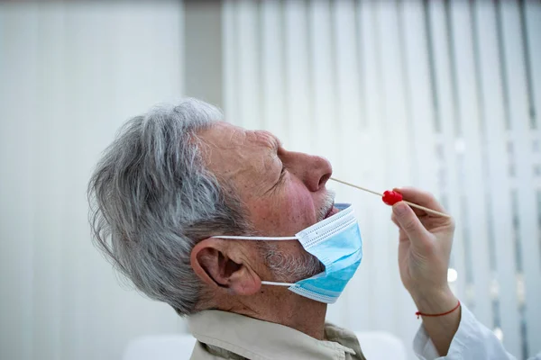 Close Old Man Getting Pcr Nasal Test Doctor Office Corona — Stock Photo, Image