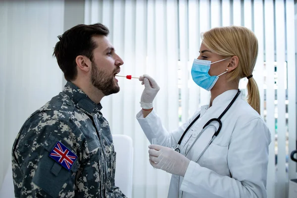 Testing Military Corona Virus English Soldier Uniform Doing Pcr Test — Stock Photo, Image