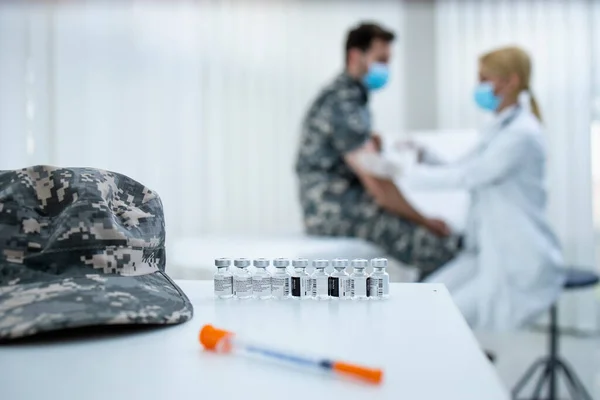 Military Vaccination Immunization Bottles Vaccine Doctor Giving Injection Soldier Uniform — Stock Photo, Image