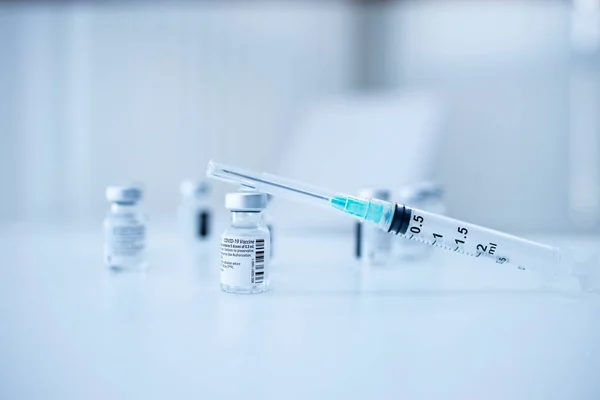 Close View Vaccine Bottles Syringe Stop Corona Virus Covid — Stock Photo, Image