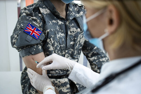 English Soldier Getting Vaccine Shot Corona Virus Pandemic Military Vaccination Royalty Free Stock Images