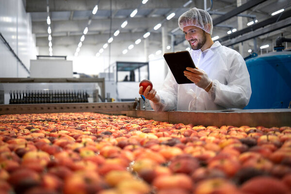 Technologist doing quality control of apple fruit production in food processing plant.