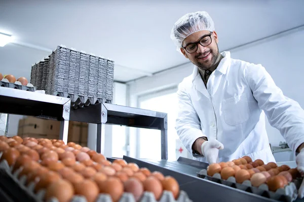 Fresh chicken eggs in food processing factory being moved on conveyor belt and worker taking them for packaging.