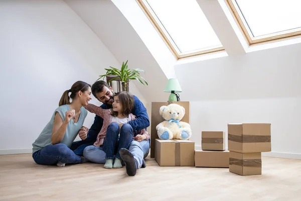House Moving Concept Happy Family Daughter Sitting Parquet Floor Celebrating — Stockfoto