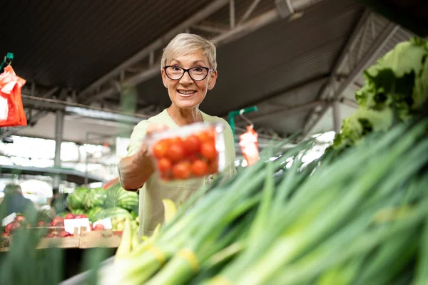 Ritratto Donna Caucasica Anziana Che Acquista Verdure Fresche Biologiche Frutta — Foto Stock