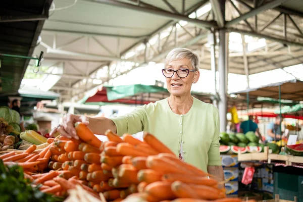 Ritratto Donna Caucasica Anziana Che Acquista Verdure Fresche Biologiche Frutta — Foto Stock