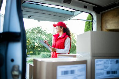 Teslimattan önce paketleri düzenleyen çalışkan kadın kuryenin portresi.