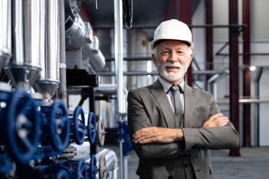 Başmühendis kasketli, fabrika ortamında güvenle ayakta duruyor..