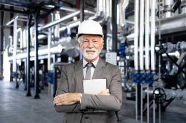 Bir petrokimya fabrikasında elinde dijital tablet tutan deneyimli bir mühendis.