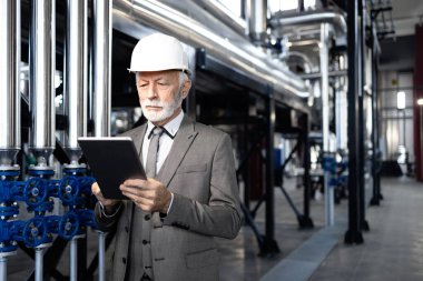 Başlık ve takım elbise giyen usta bir profesyonel. Fabrika sistemlerini tabletle inceliyor.