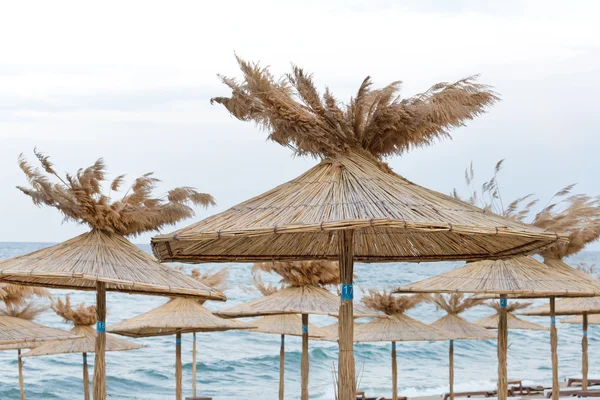 Payung jerami di pantai cerah di Bulgaria — Stok Foto