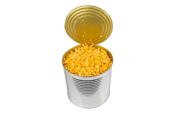 Open aluminum can with corn — Stock Photo, Image