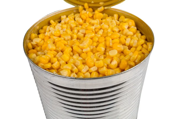 Açık alüminyum kutu mısır ile — Stok fotoğraf