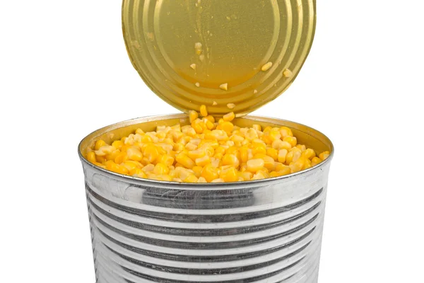 Açık alüminyum kutu mısır ile — Stok fotoğraf