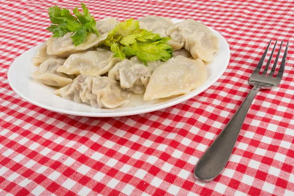 Ravioli in un piatto bianco sul tavolo — Foto Stock