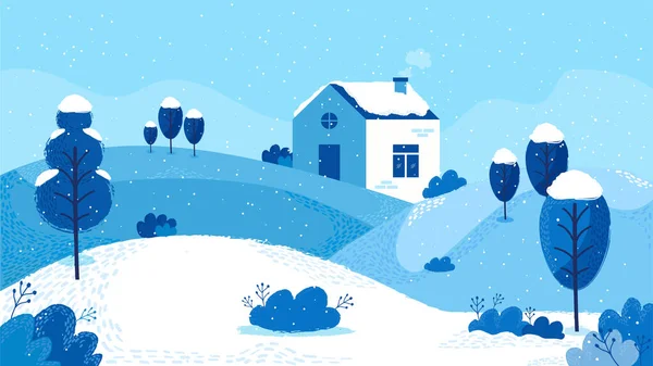 Carino Cartone Animato Casa Natale Nel Paesaggio Neve Illustrazione — Vettoriale Stock