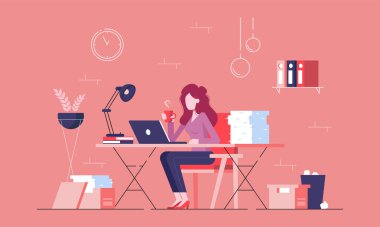 Kız ofiste dizüstü bilgisayar için çalışıyor. Vektör ofisi illüstrasyonu