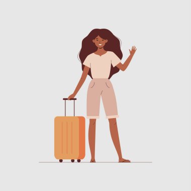 Seyahat bagajı taşıyan ve el sallayan bir kadın.