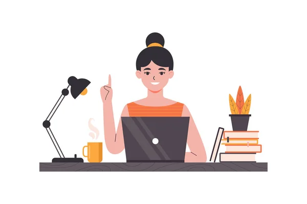 Frau Studiert Online Oder Arbeitet Hause Laptop — Stockvektor