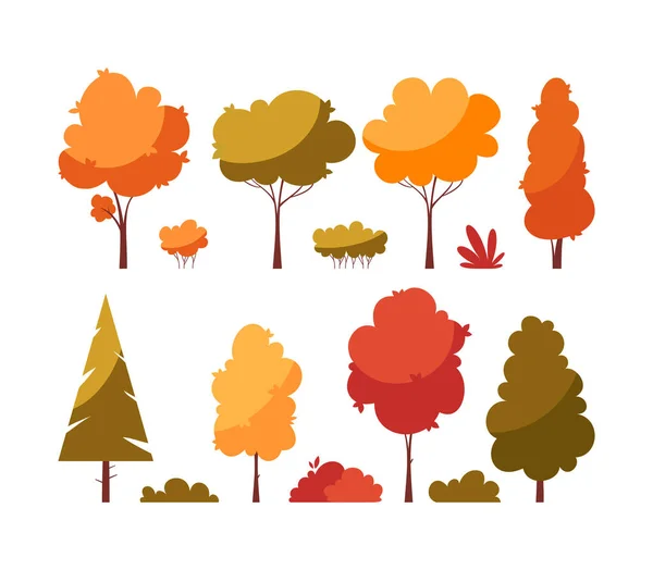 Set Autumn Trees Bushes Isolated White — Image vectorielle