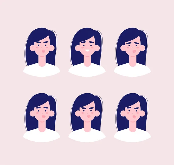 Conjunto Emoções Femininas Ilustração Plana — Vetor de Stock