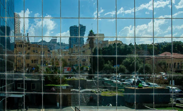 Haifa Israel February 2021 City Buildings People Reflected Mirrored Surface — Stock Photo, Image