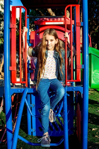 Beautiful Teenage Girl Loose Hair City Children Playground Sunny Day — Stock Photo, Image