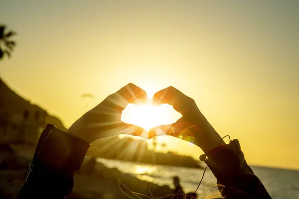 Heart Shape Childs Hands Sunset Sky Backgroun — Stock Photo, Image